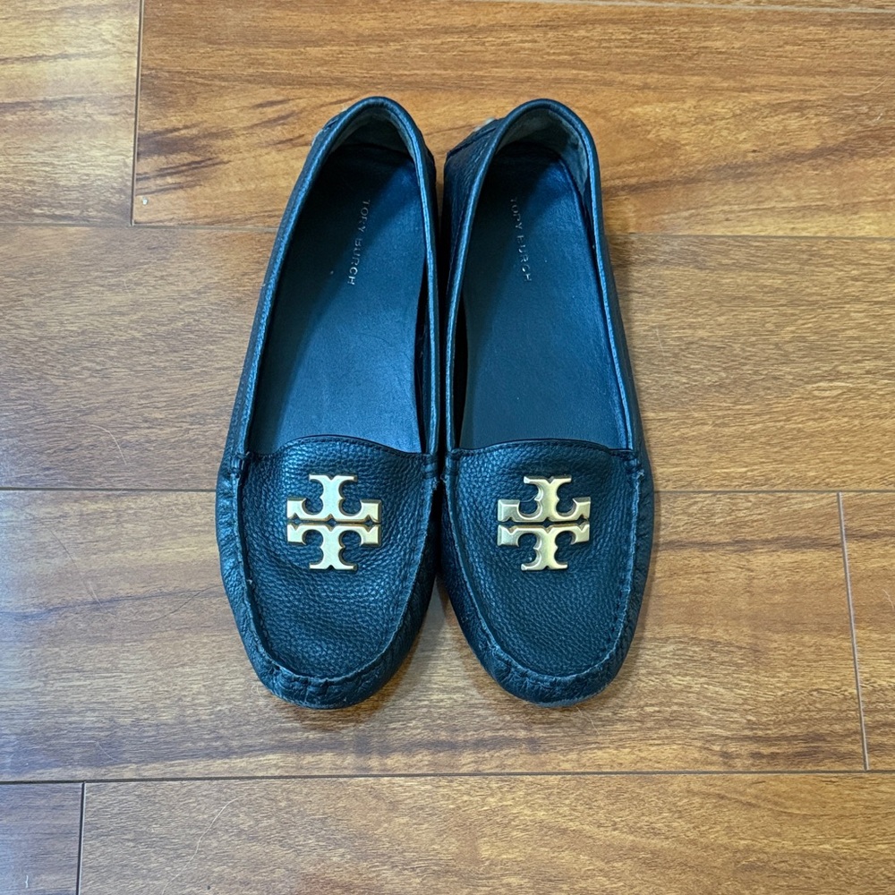 Tory Burch Black Leather Loafers with Gold Logo